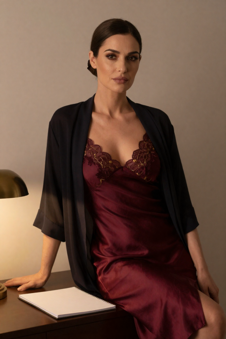 ChuhaiShangren ledger atelier muse, 29, in a deep wine silk slip dress with gold lace and a sheer charcoal robe